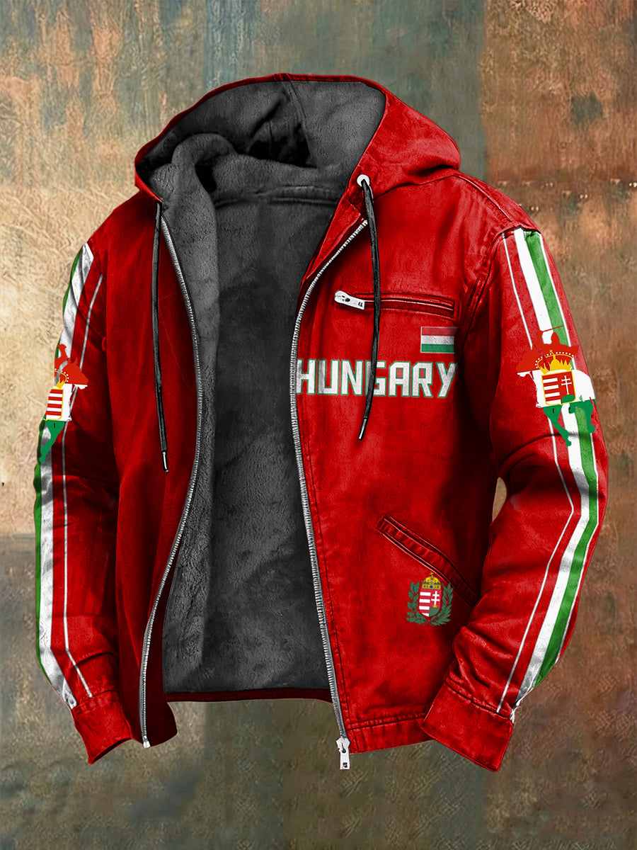 Retro magyar zászló patch fleece-bélelt csuklyás kabát