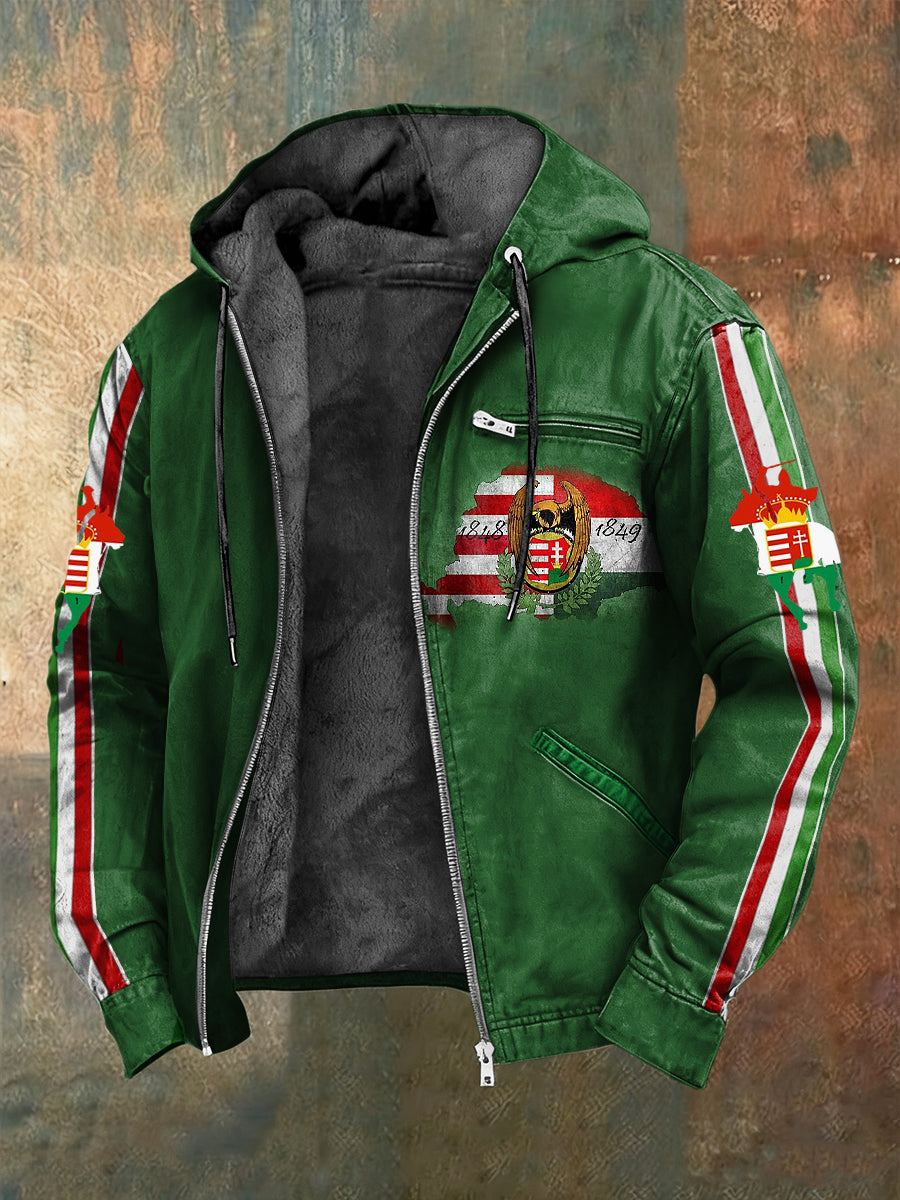 Retro magyar zászló embléma gyapjú-bélelt csuklyás kabát