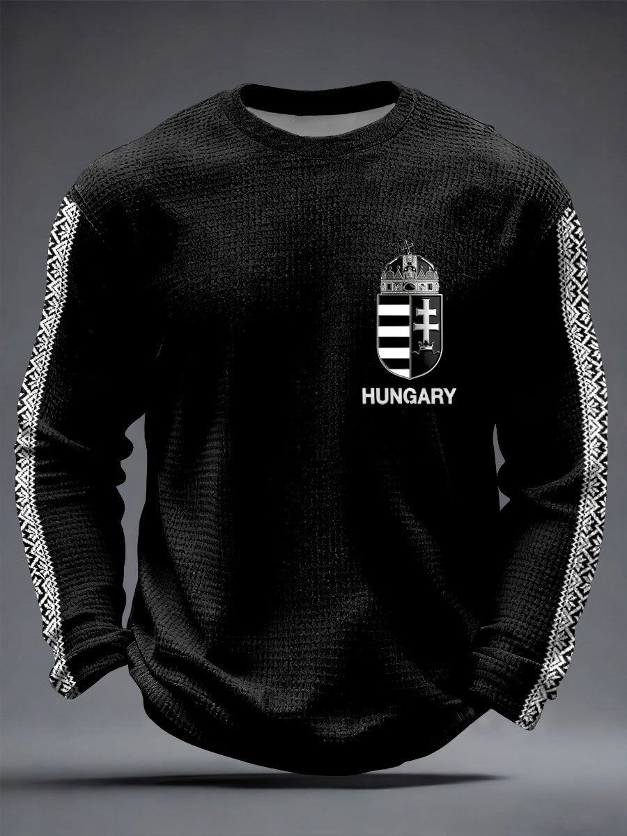 Retro magyar embléma etnikai ihletésű patchwork waffle-weave póló