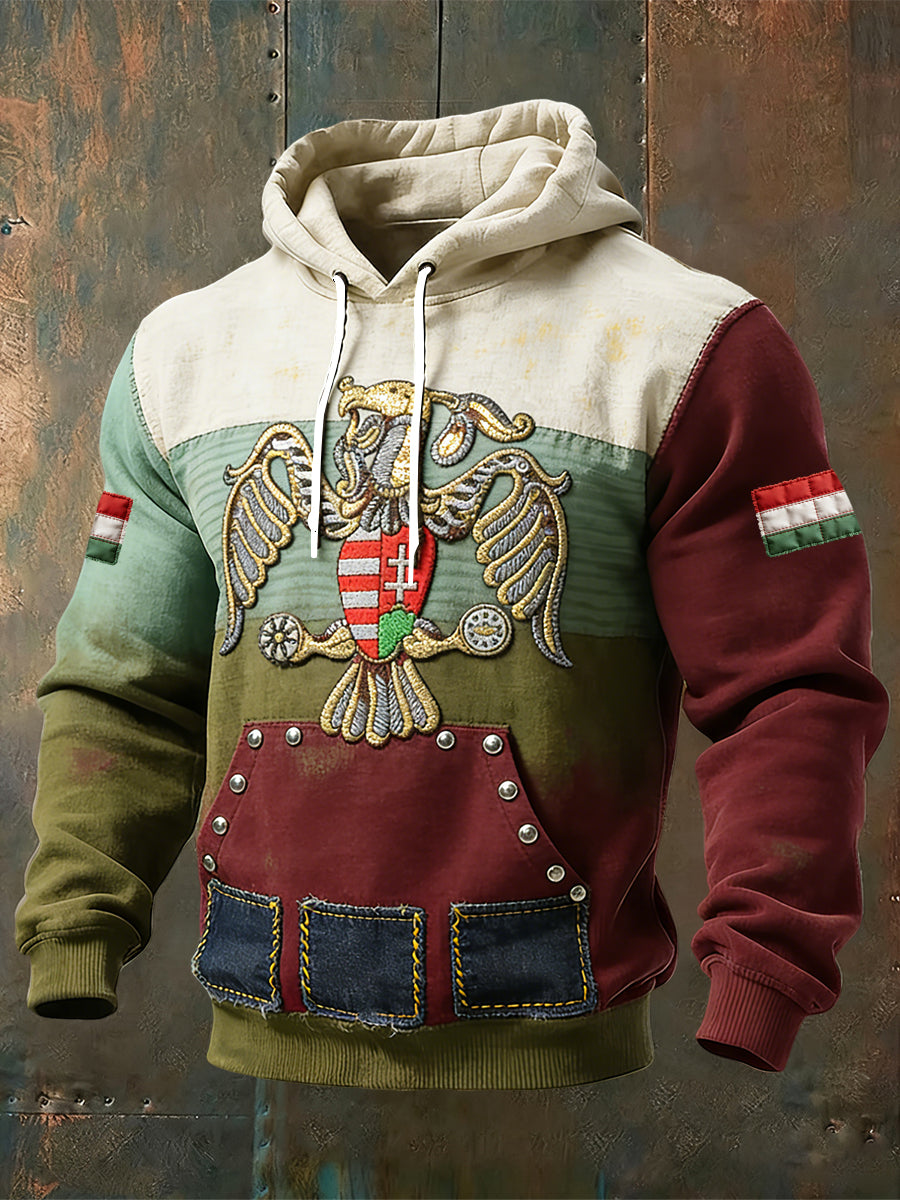 Retro magyar turul totem patchwork hoodie