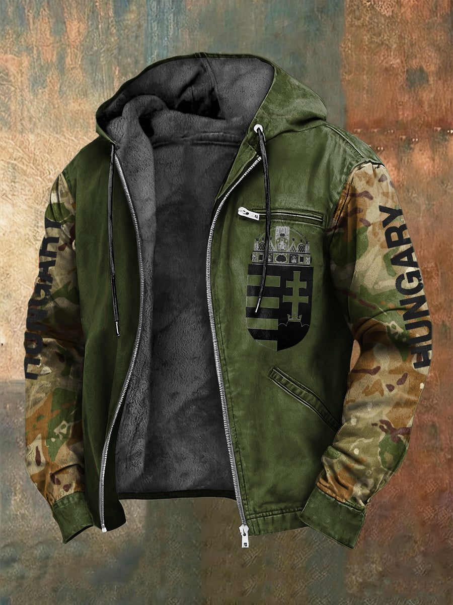 Retro magyar camouflage patchwork fleece-bélelt csuklyás kabát
