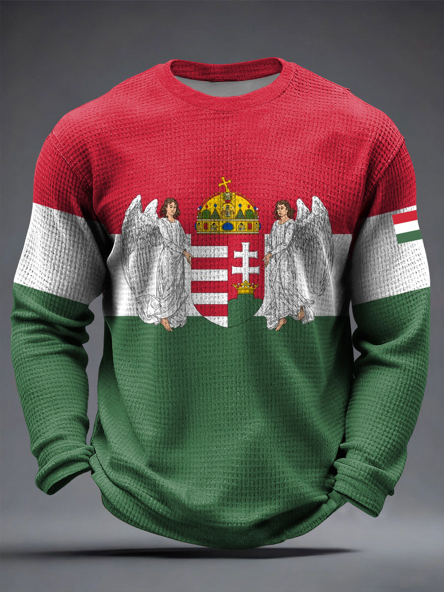 Retro magyar királyság zászló waffle-weave crewneck pulóver