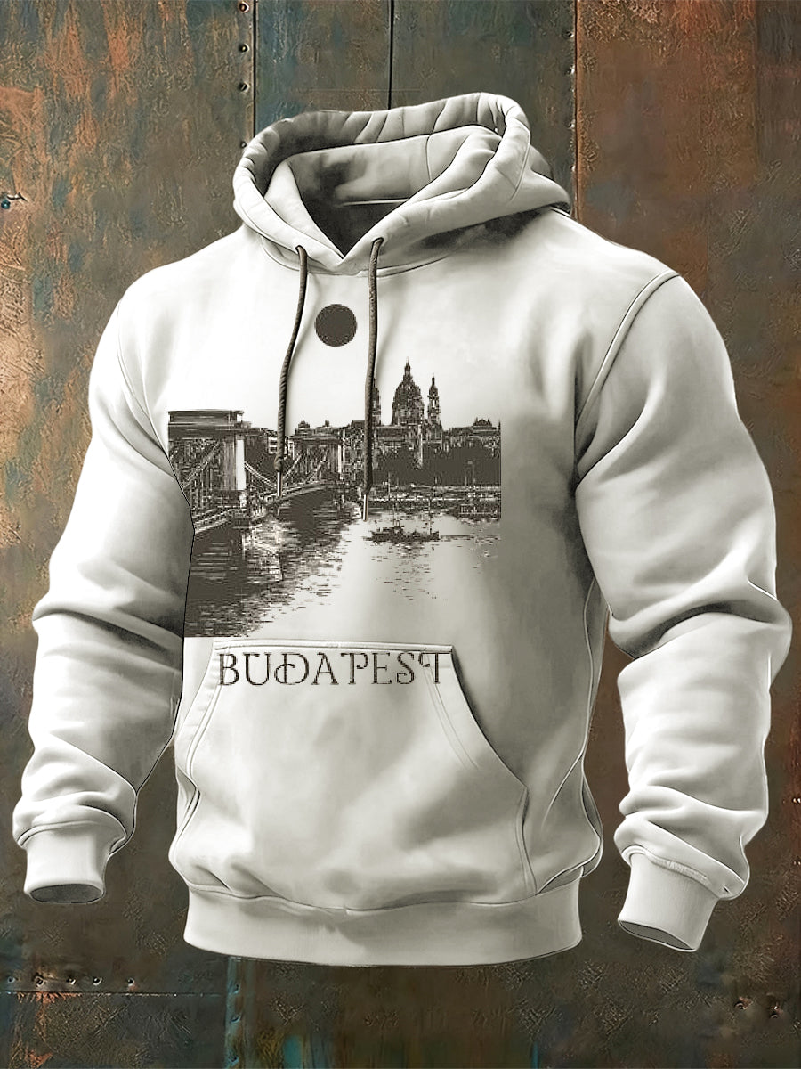 Férfi retro fekete-fehér budapest skyline nyomtatás light hoodie