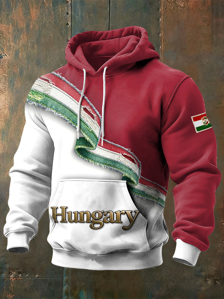 Férfi magyarország zászló patchwork nyomtatás csuklyás pulóver