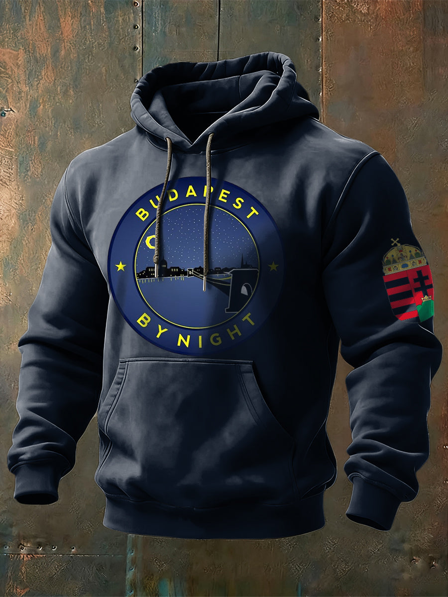 Férfi karcsú "budapest by night" cityscape print navy hoodie