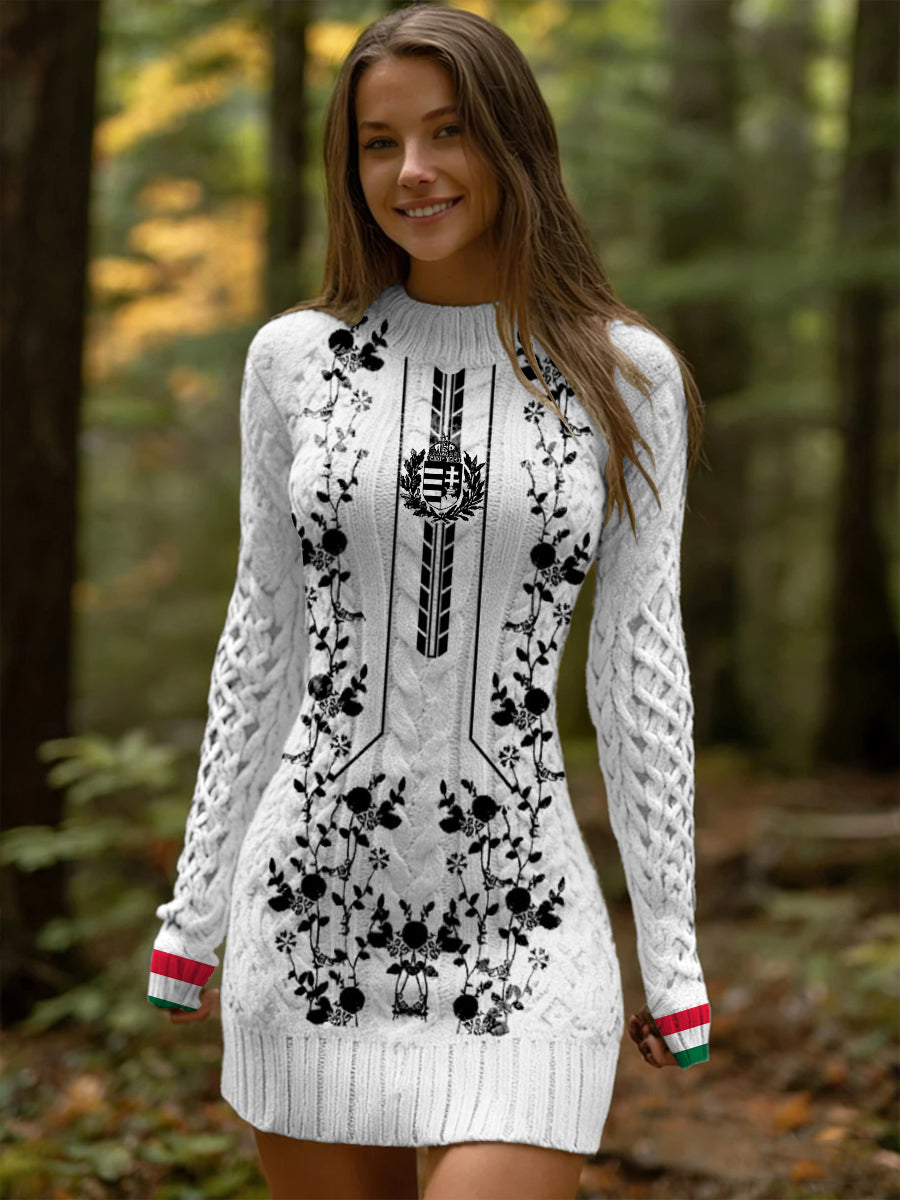 Női elegáns fekete virágos és magyar nyomtatott ruha