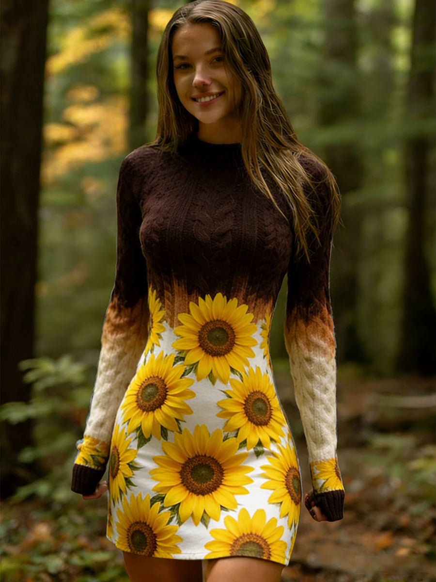 Női vintage etnikai stílus virágos nyomtatás kötött kényelmes és elegáns ruha