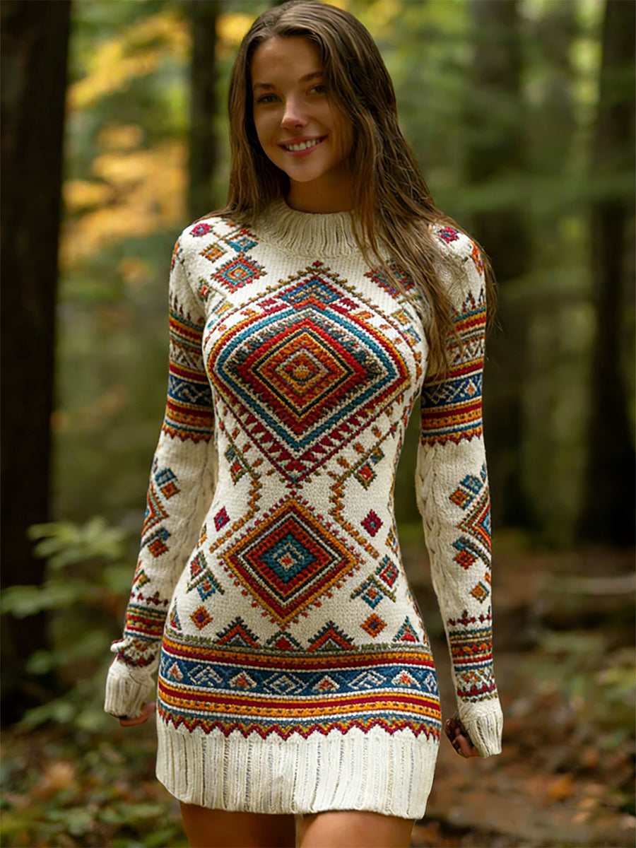 Női vintage etnikai stílus virágos nyomtatás kötött kényelmes és elegáns ruha