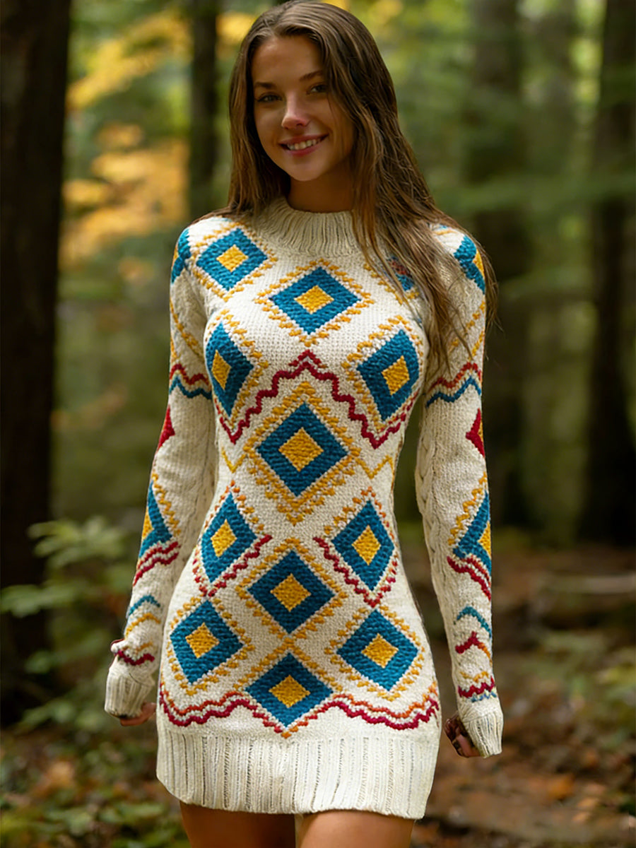 Női vintage etnikai stílus virágos nyomtatás kötött kényelmes és elegáns ruha