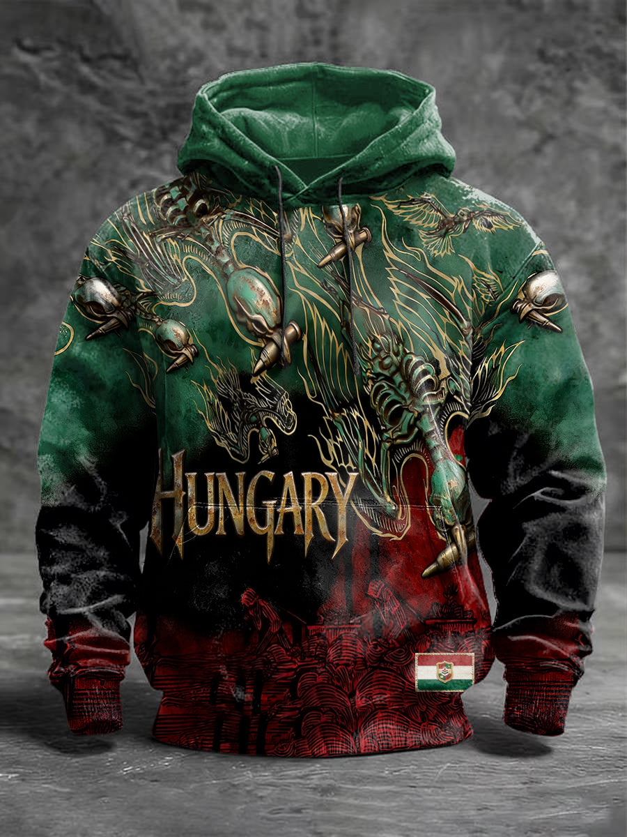 Férfi kreatív nyomtatás magyar vintage csuklyás pulóver