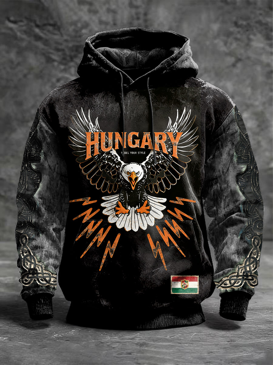 Férfi magyar sas design nyomtatott patchwork csuklyás pulóver