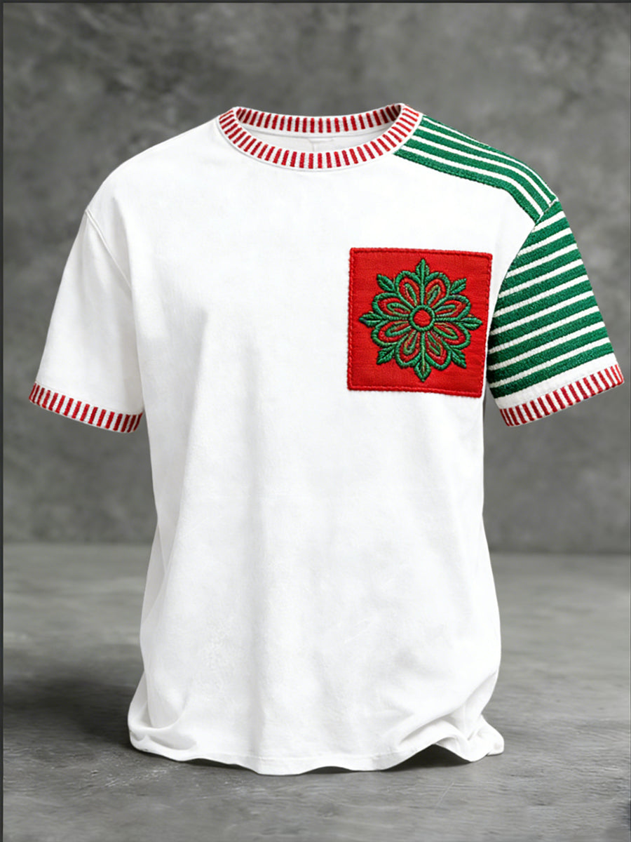 Férfi tiszta fehér magyarország virágos patch & csíkos ujjú póló