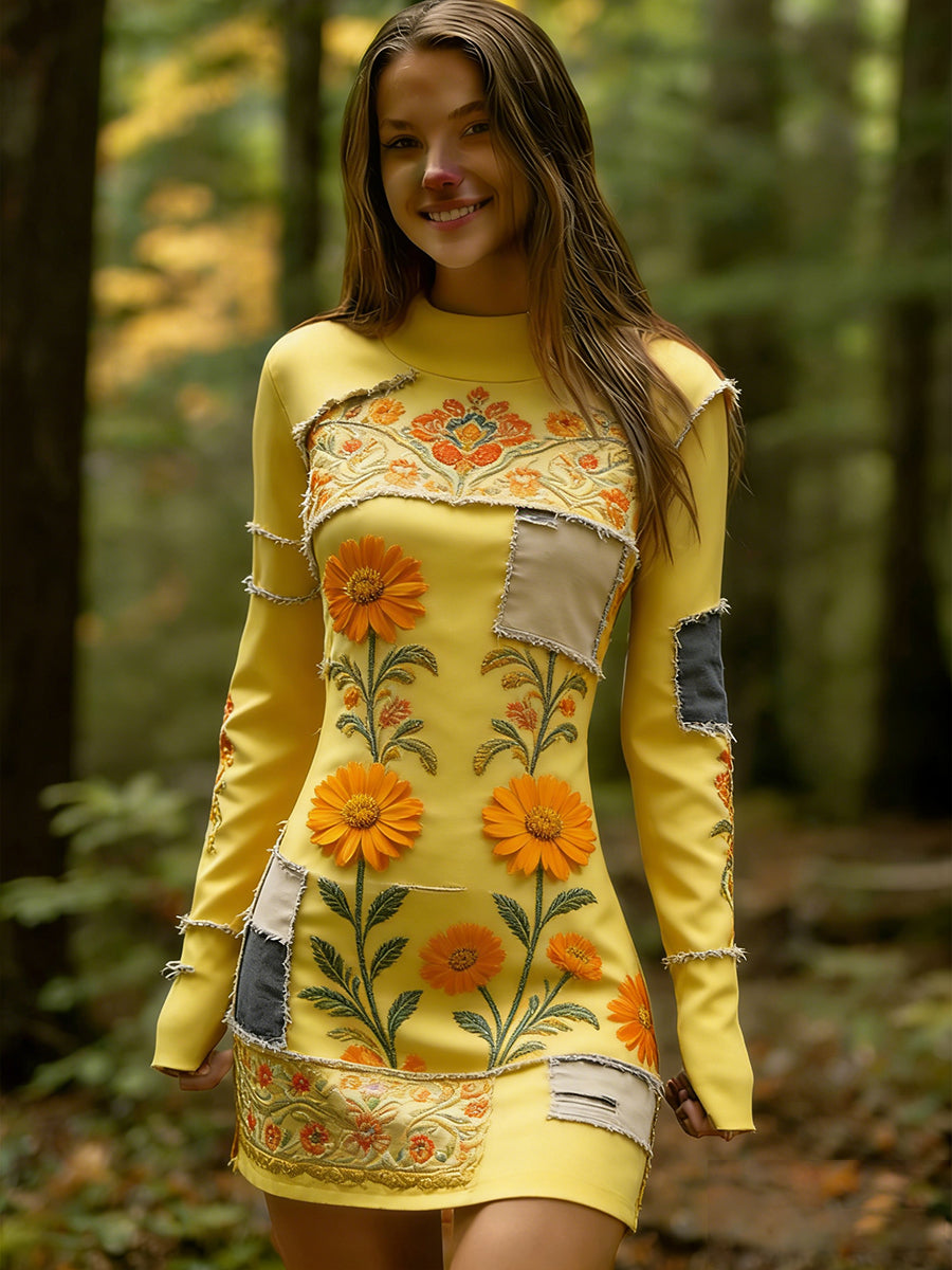 Női vintage etnikai stílus virágos nyomtatás kötött kényelmes és elegáns ruha