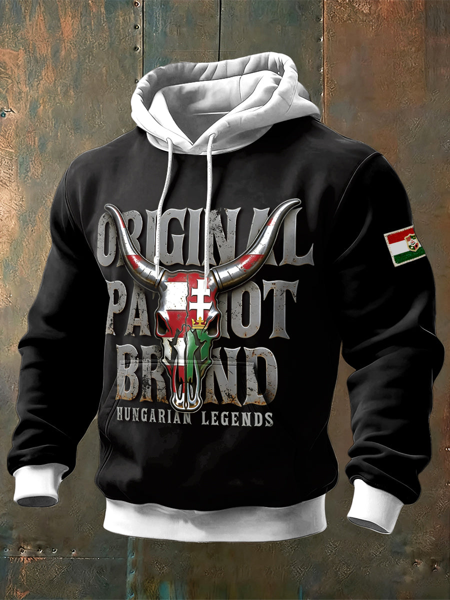 Férfi design nyomtatott magyar fekete patchwork csuklyás pulóver