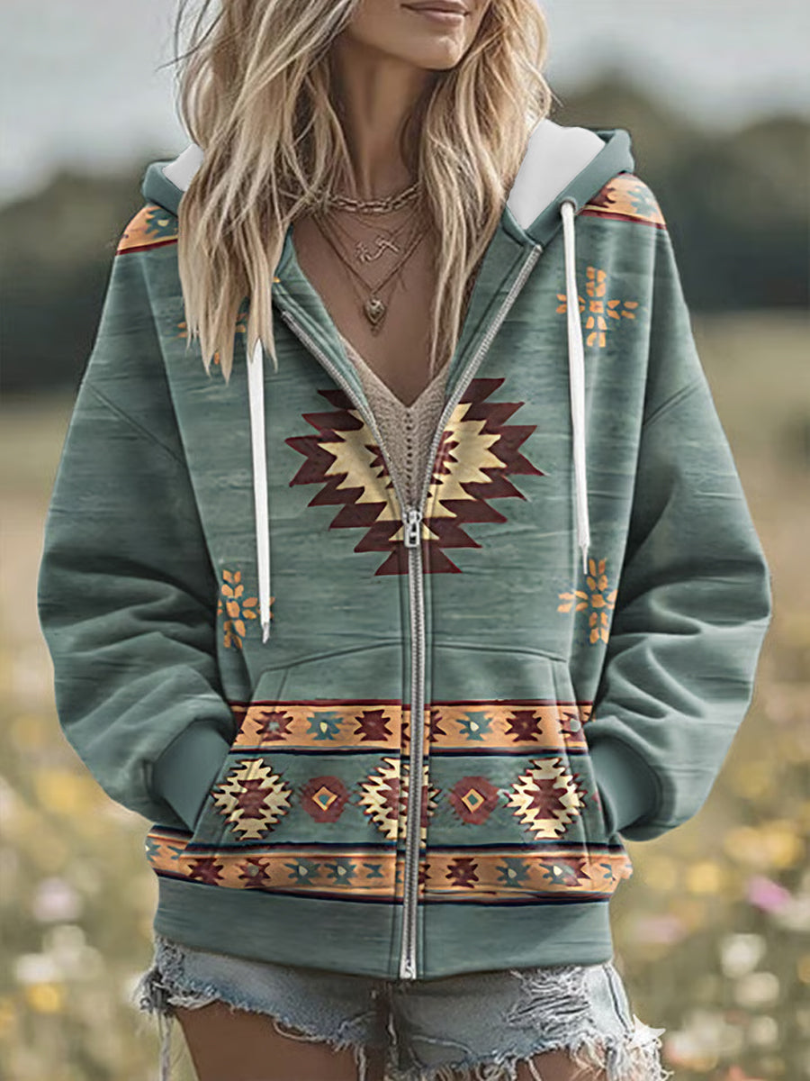 Női vintage nyugati azték art zip-up kapucnis