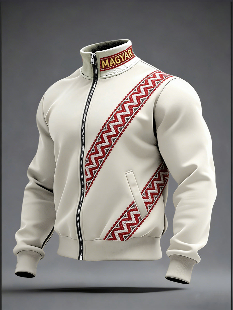 Férfi hagyományos bézs-magyar minta zip-up kabát