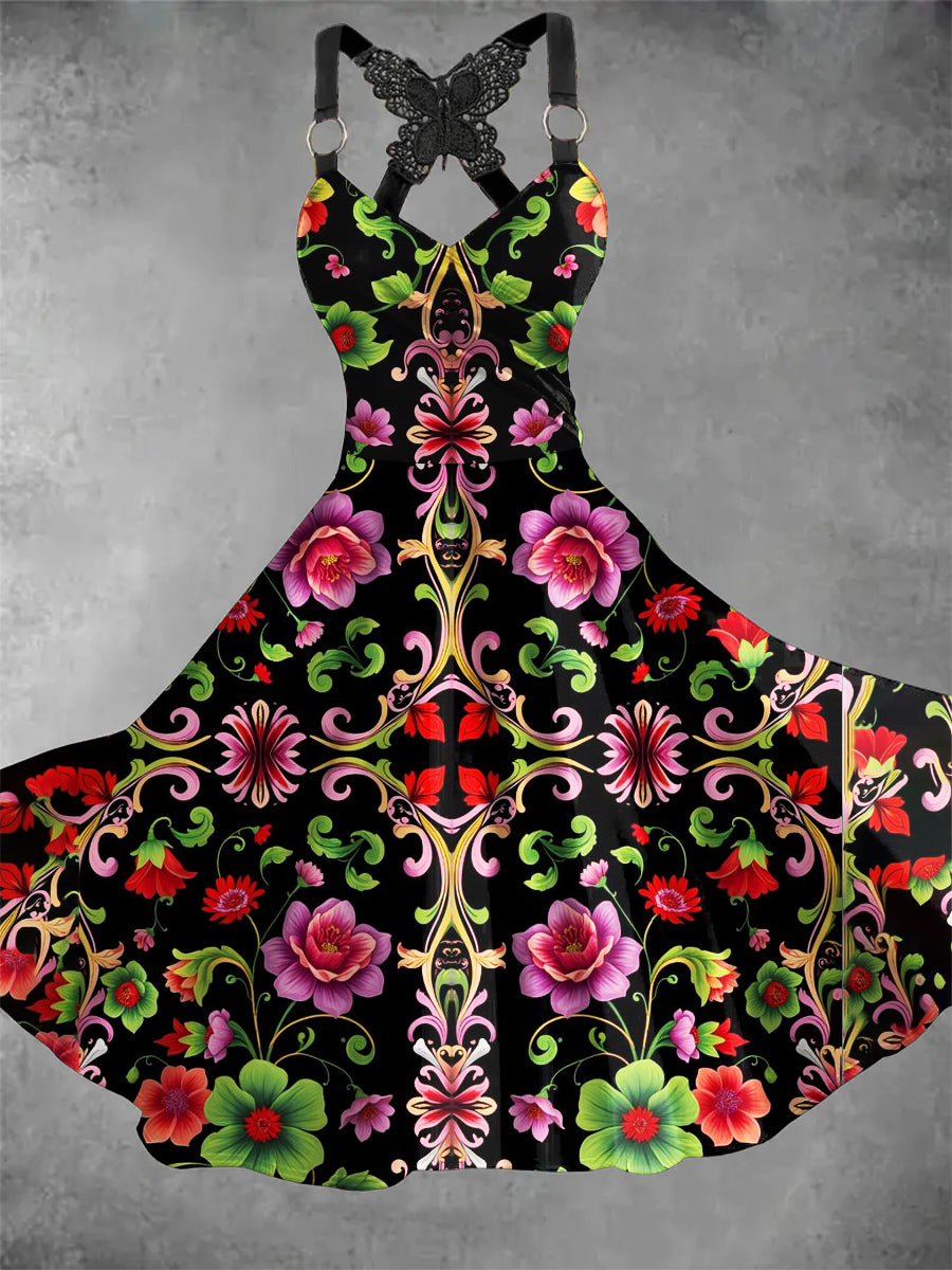 Retro v-nyak mexikói virágos művészet nyomtatás alkalmi csipke íj suspender midi ruha