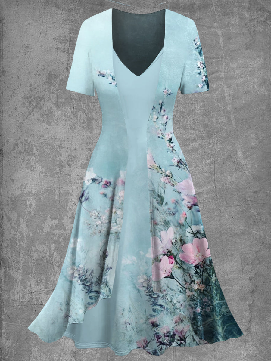 Évjárat virág művészet nyomtatás suspender két darabból midi ruha