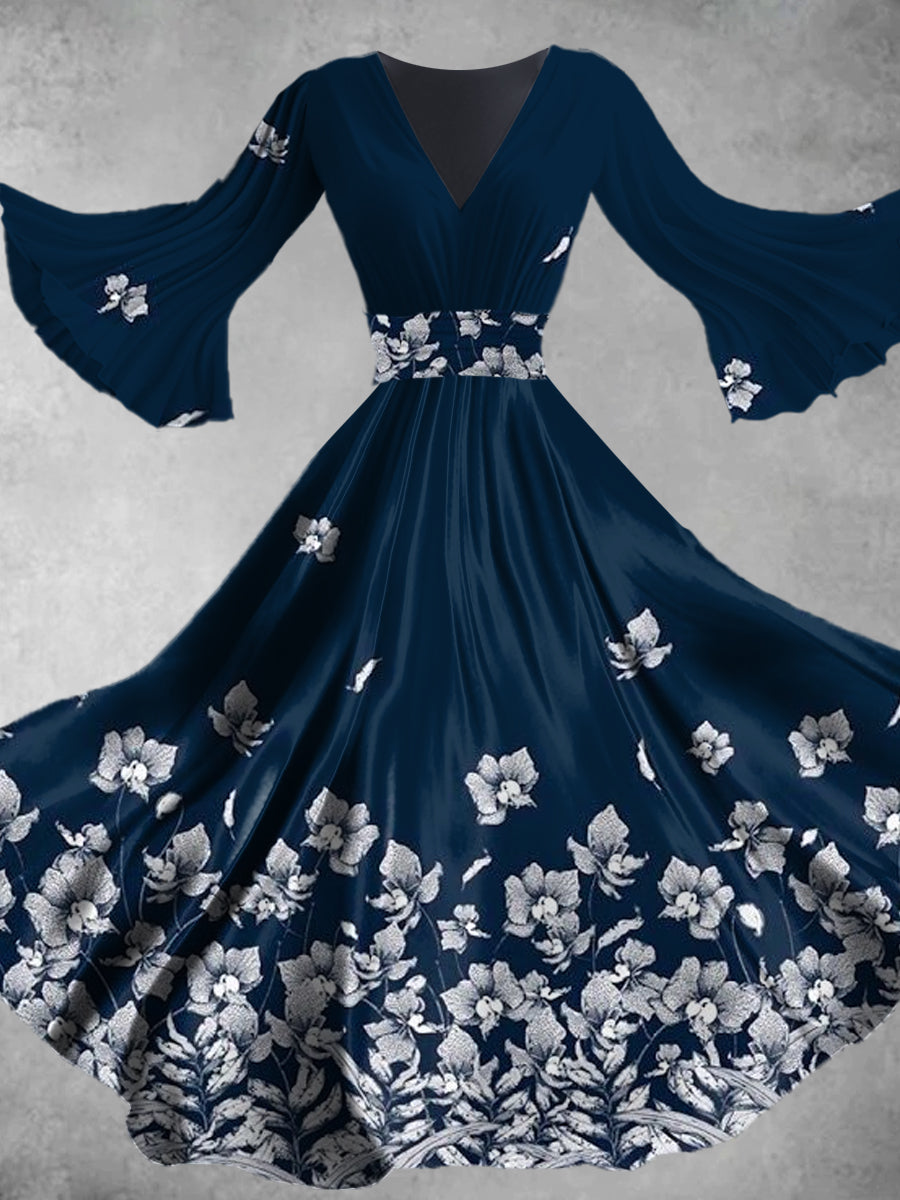 Évjárat mexikói fesztivál virágnyomat v nyak harang ujjú midi ruha