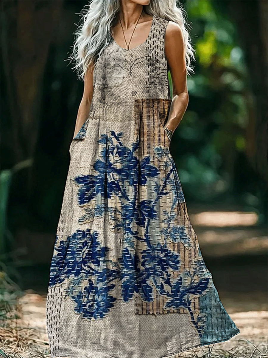 Vintage bohém virágos nyomtatás ujjatlan laza midi ruha