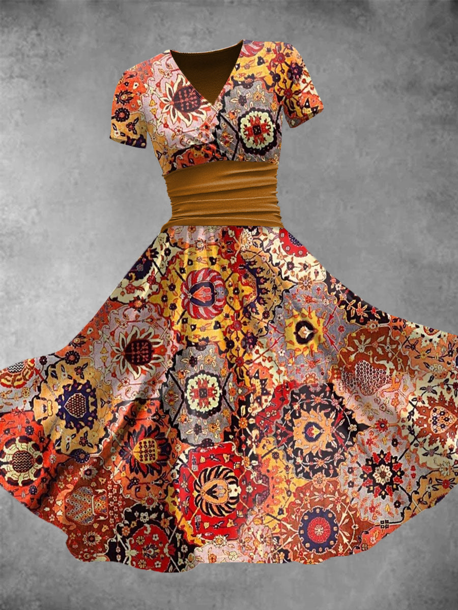 Retro etnikai stílus színes kockás nyomtatás v-nyak rövid ujjú midi ruha