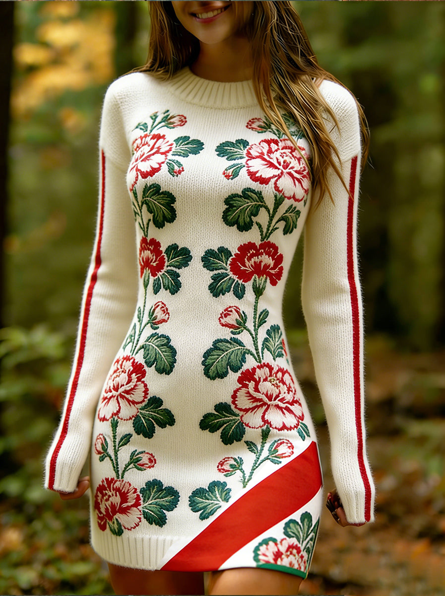 Női vintage etnikai stílus virágos nyomtatás kötött kényelmes és elegáns ruha