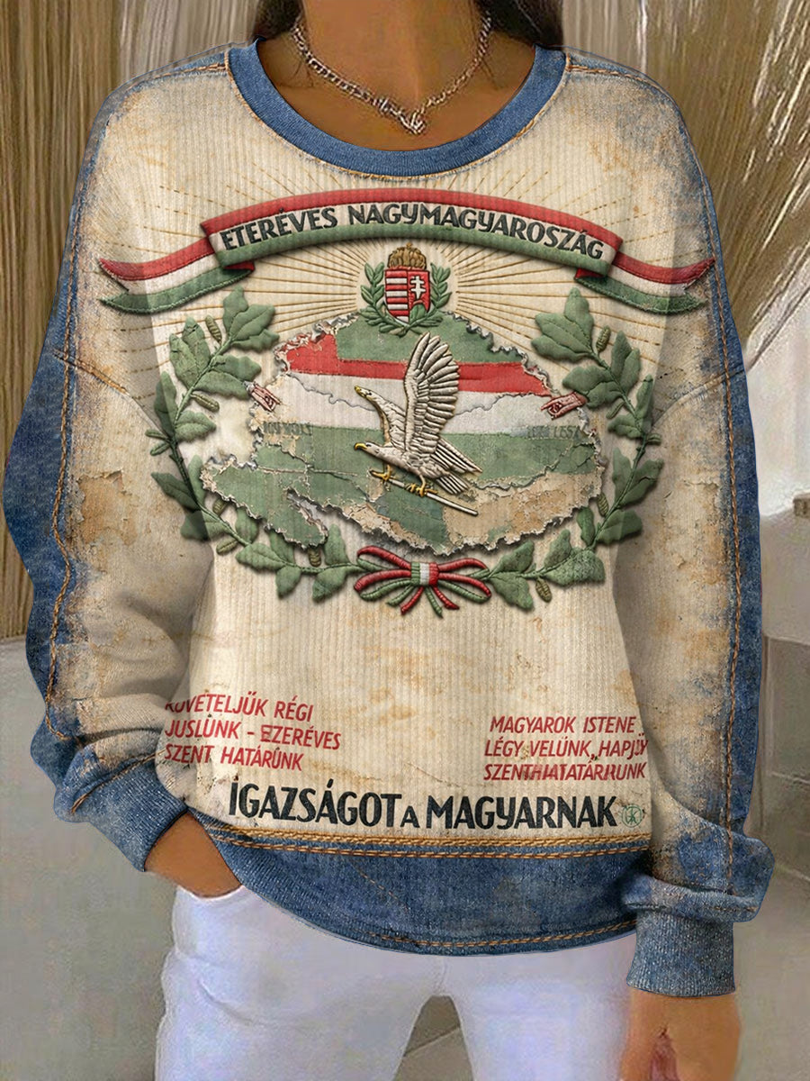 Női magyar nyomtatású denim-effektus patchwork pulóver