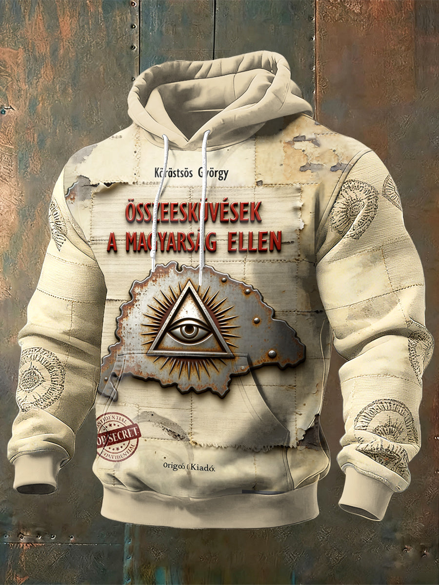 Férfi magyar vintage térkép szem nyomtatás csuklyás pulóver