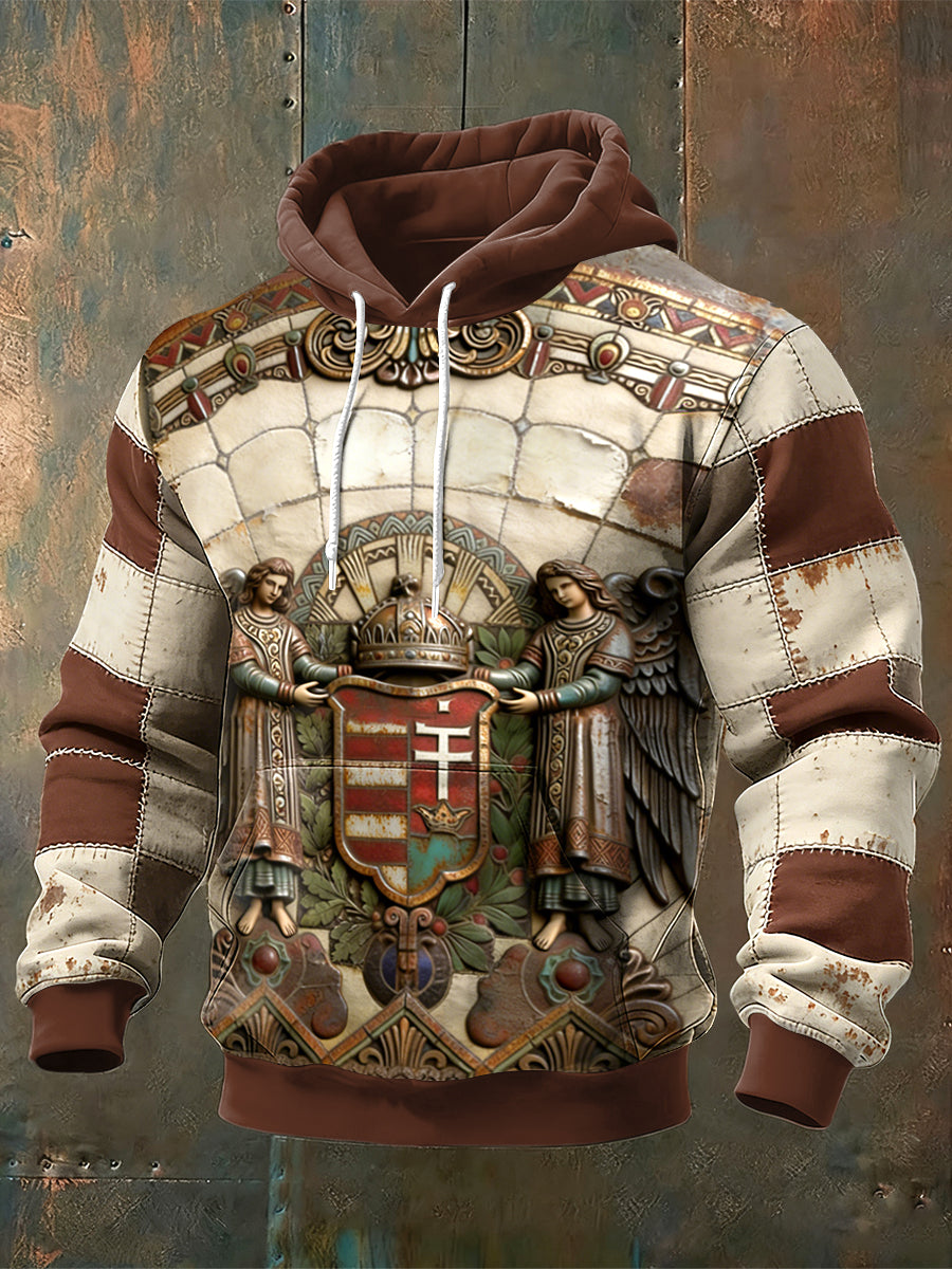 Férfi magyar vintage patchwork nyomtatás csuklyás pulóver