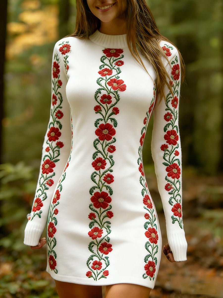 Női vintage etnikai stílus virágos nyomtatás kötött kényelmes és elegáns ruha