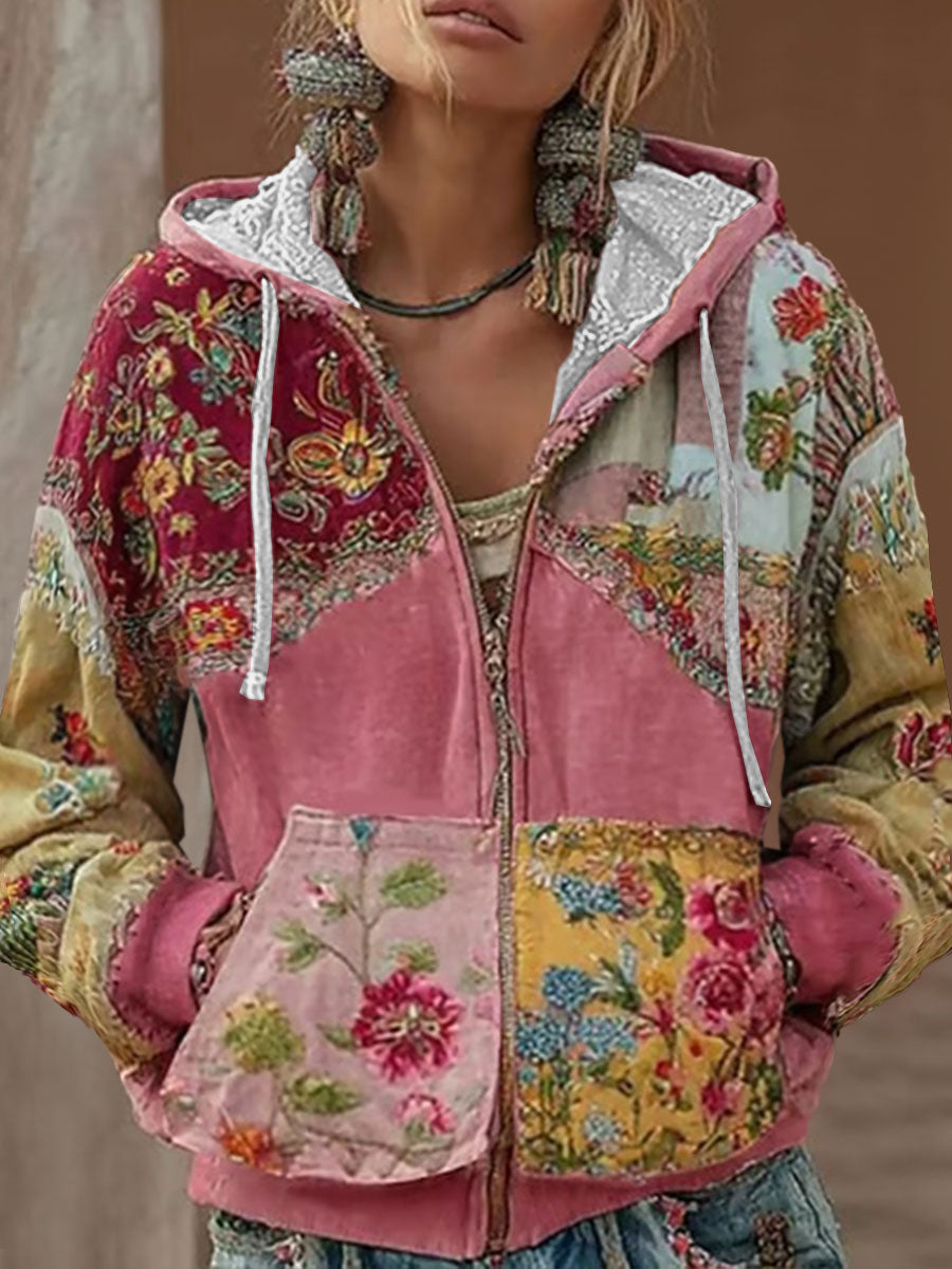 Női rózsaszín virágos nyomtatás alkalmi zip-up top