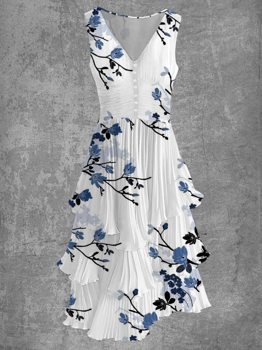 Retro virág művészet nyomtatás ujjatlan v-nyak gomb fel elegáns elegáns áramló midi ruha