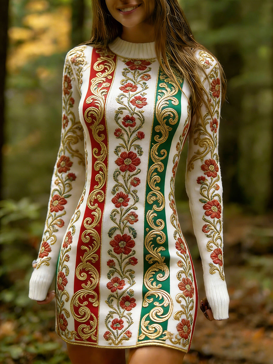 Női vintage etnikai stílus virágos nyomtatás kötött kényelmes és elegáns ruha