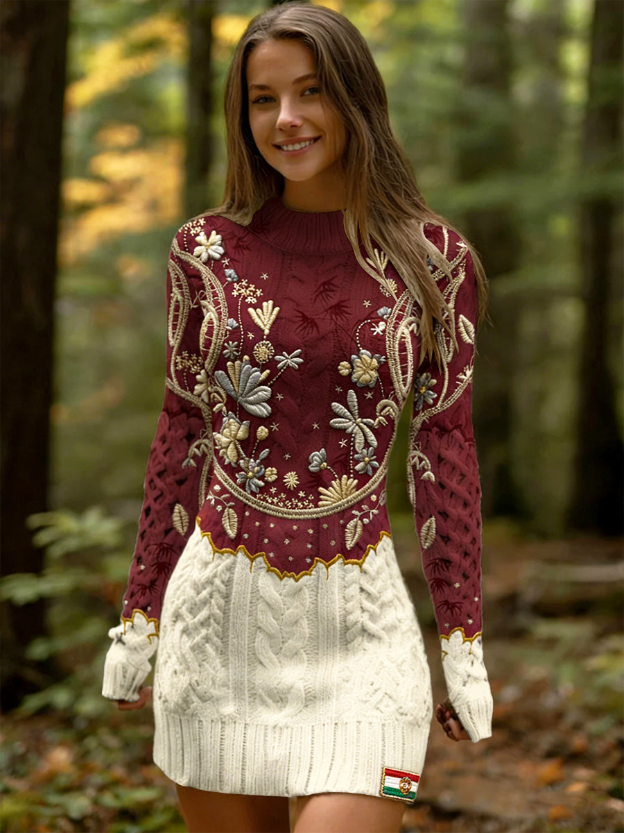 Női magyar virágos patchwork hímzett nyomtatás hosszú ujjú ruha