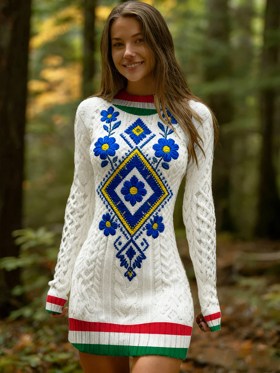 Női vintage etnikai stílus virágos nyomtatás kötött kényelmes és elegáns ruha