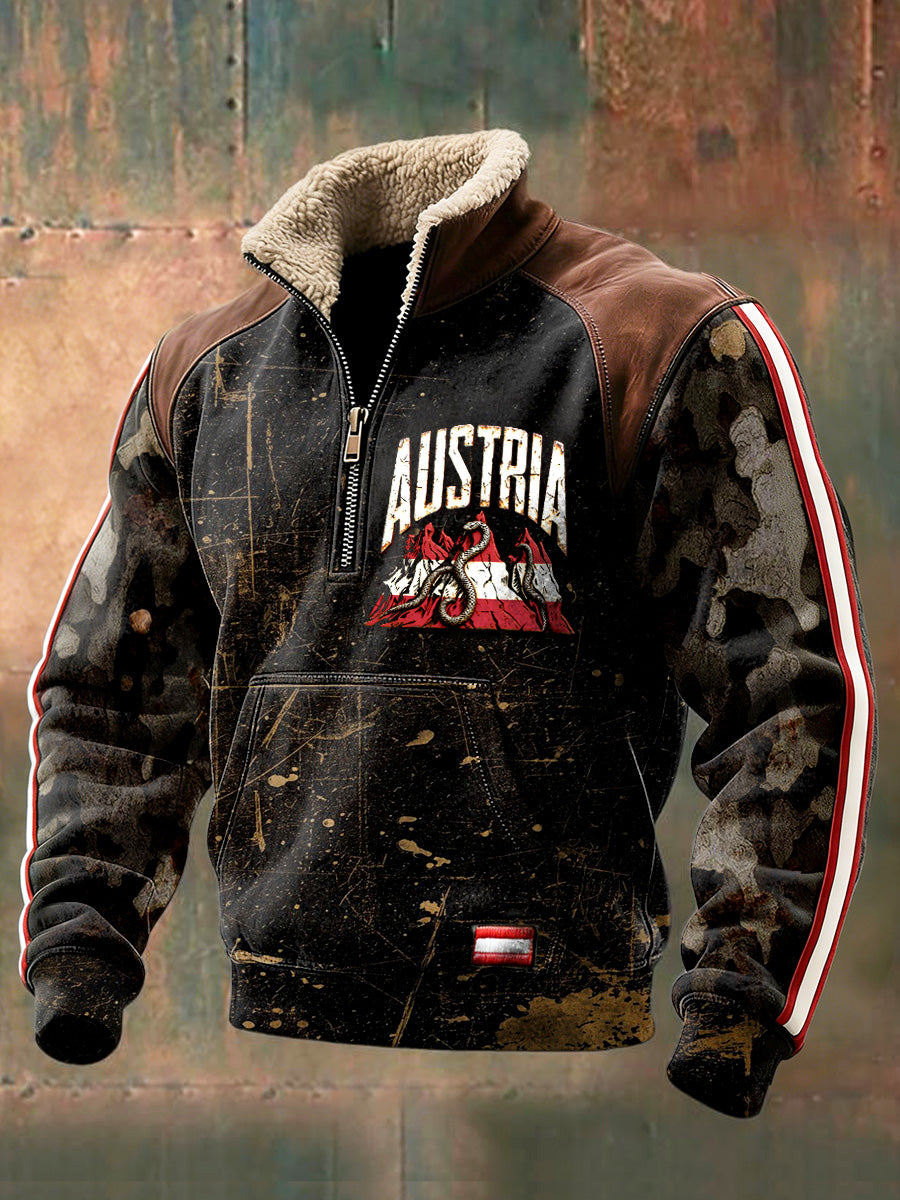 Férfi osztrák zászló nyomtatás álcázás patchwork állvány nyakörv pulóver