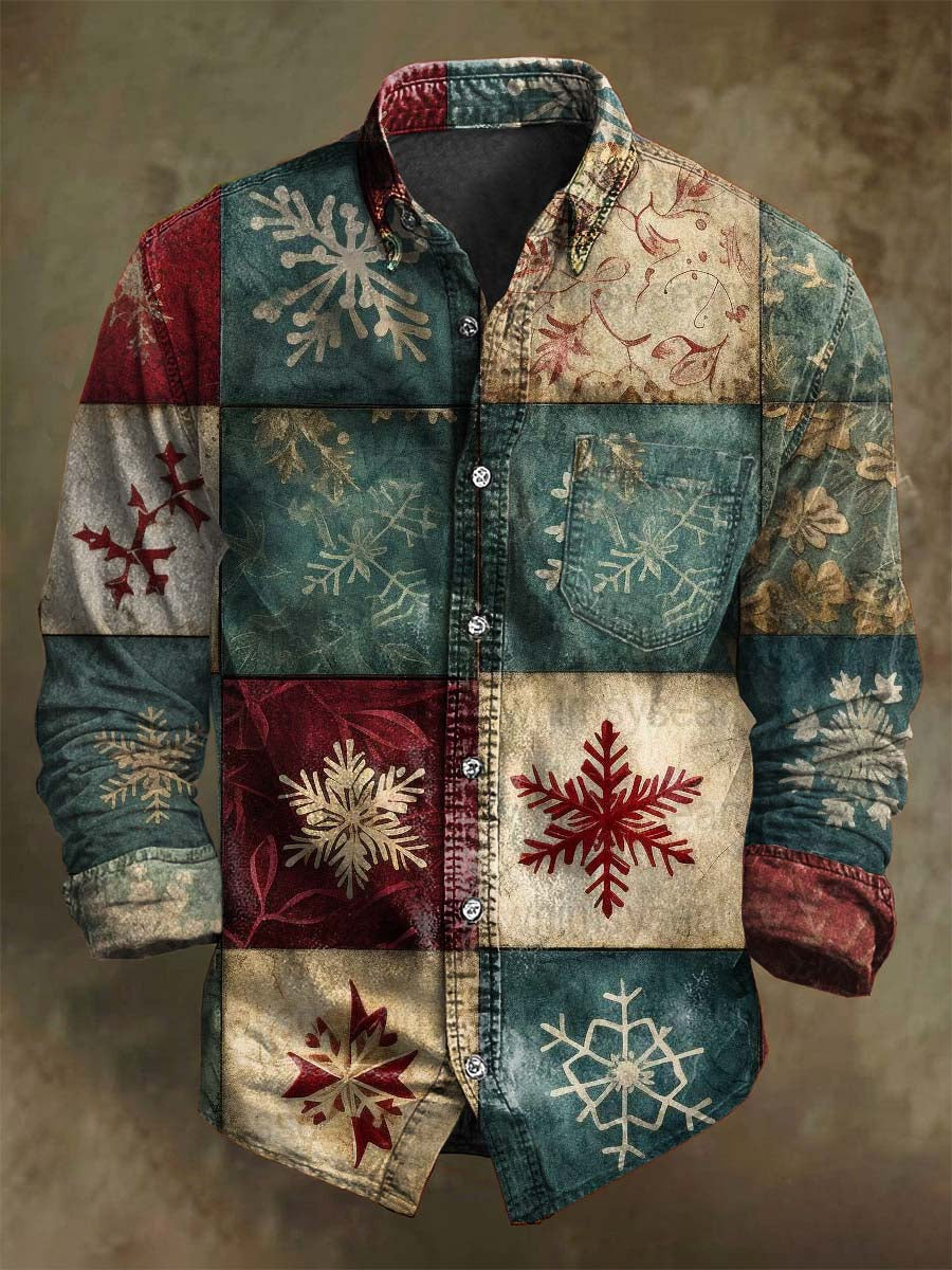 Retro karácsonyfa hópehely kockás nyomtatás alkalmi hosszú ujjú ing