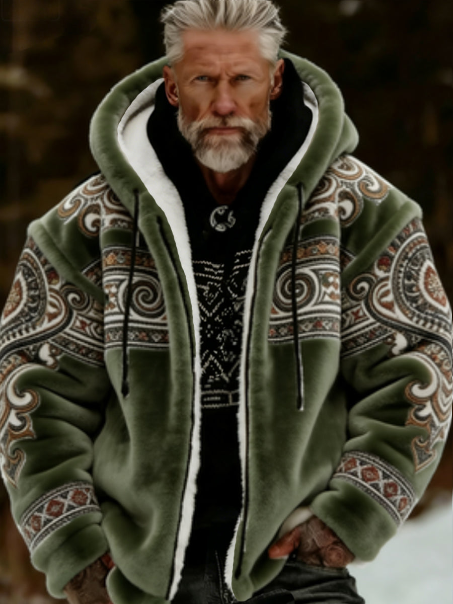 Férfi viking kelta művészet plüss hangulatos meleg cipzáras csuklyás kabát