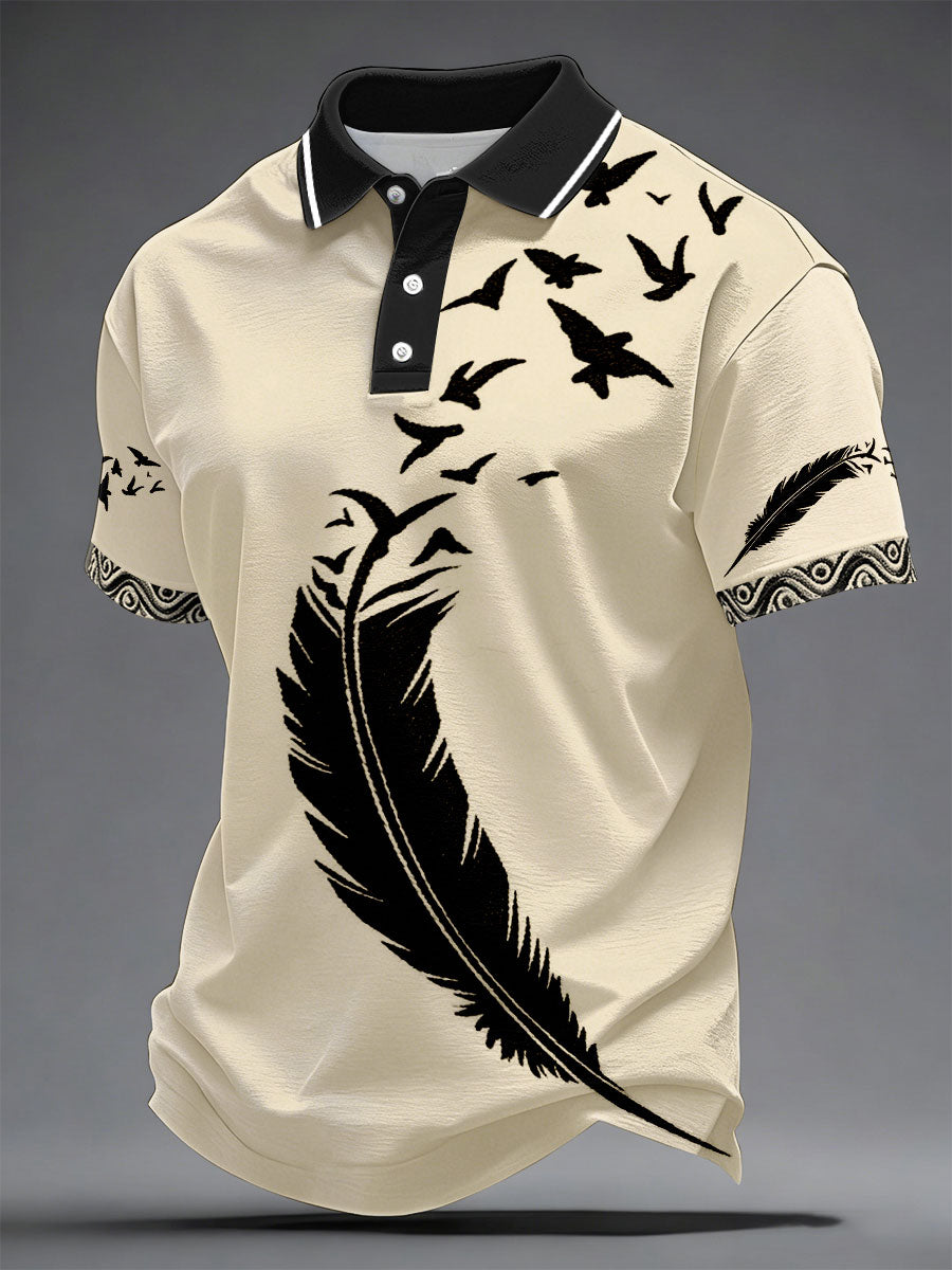 Men's Indigenous-Style Casual T-Shirt with Embroidery and Print