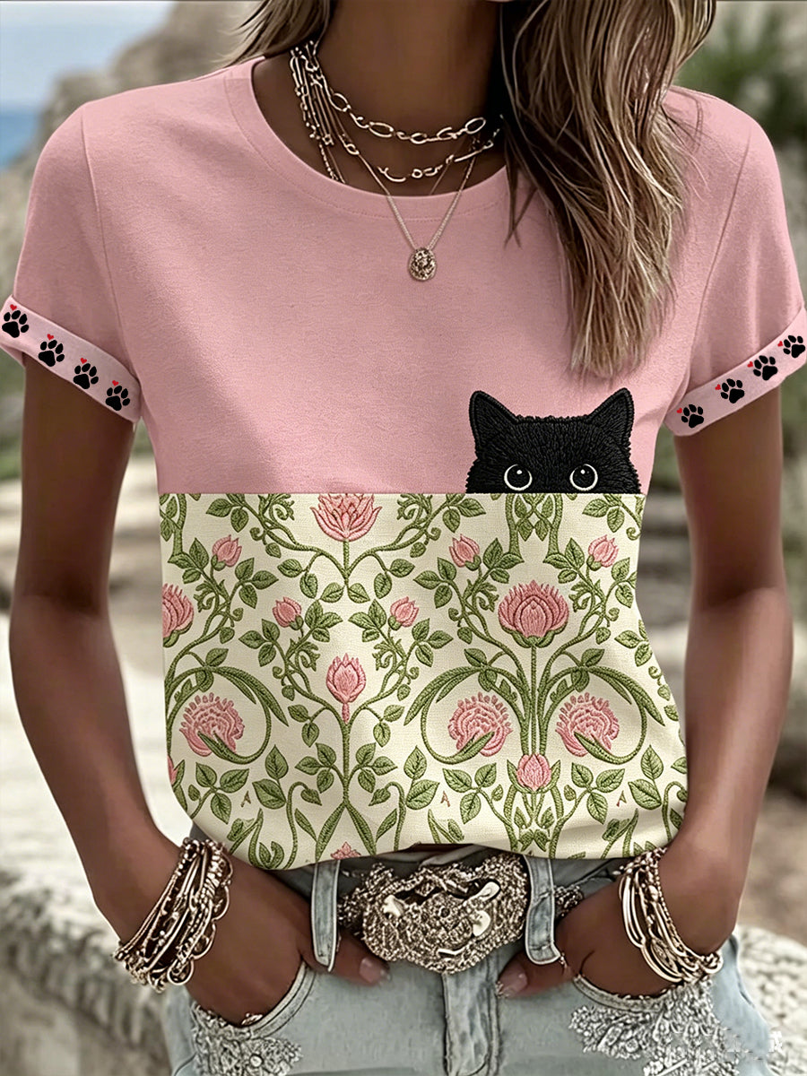 Women's Black Cat With Floral Graphic Casual Short Sleeve T-shirt
