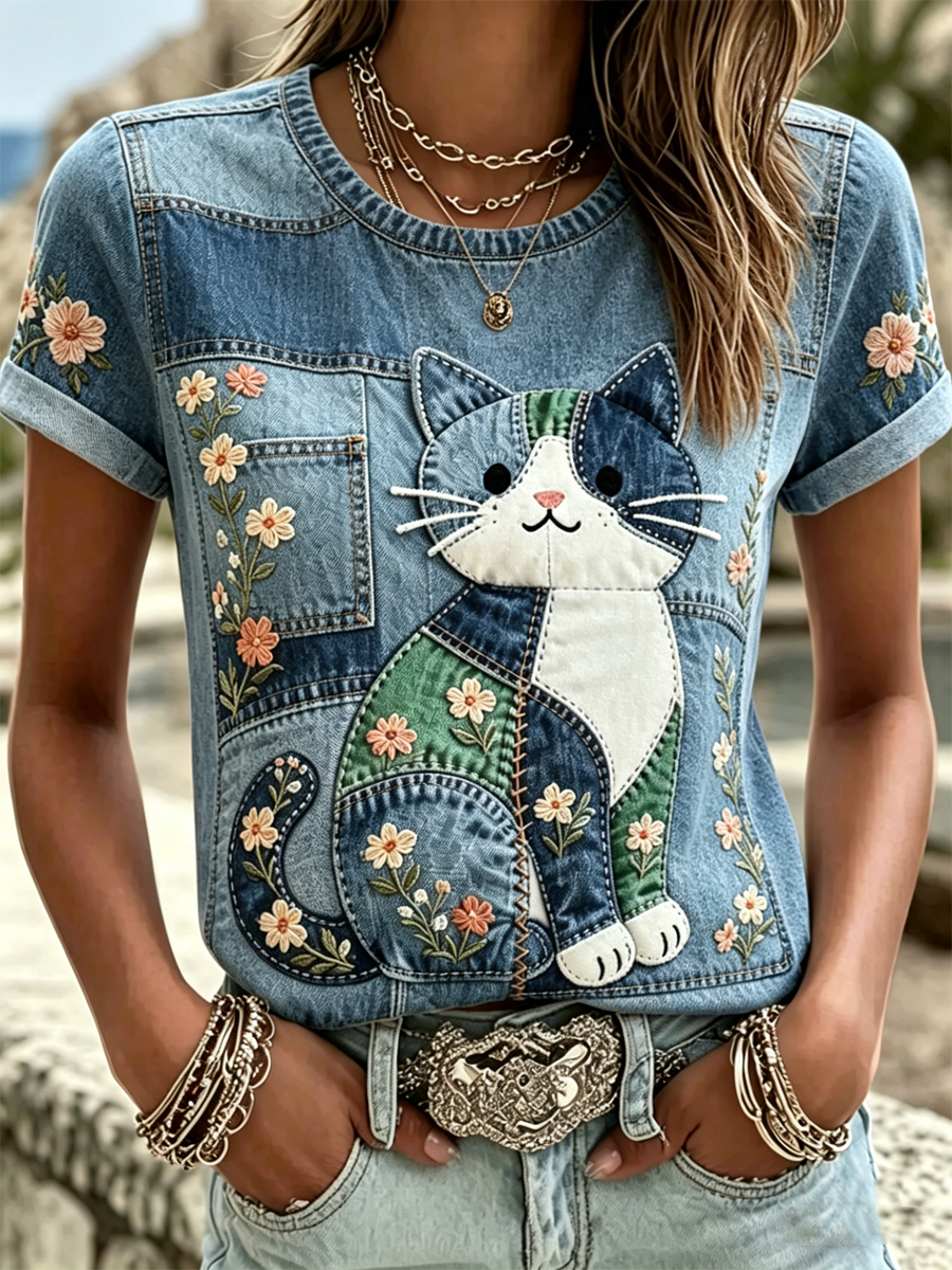 Women's Cat Print short-sleeved T-shirt