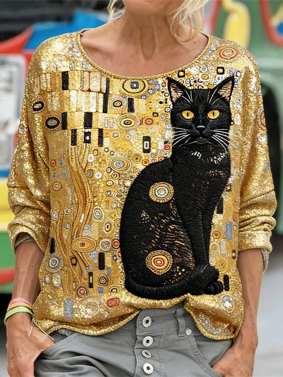 Women's Glitter Black Cat Art Long Sleeve Loose-fitting Sweatshirt