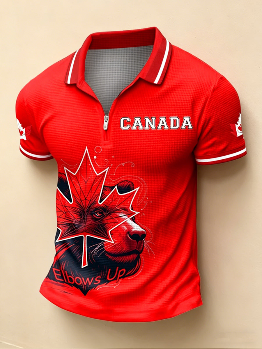 Men's Canada Day Print Polo Collar Casual Short Sleeved Waffle Shirt