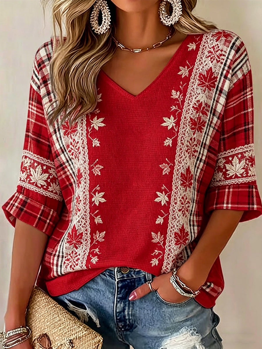 Women's V-neck Mid-Sleeve Canada Printed Casual T-shirt