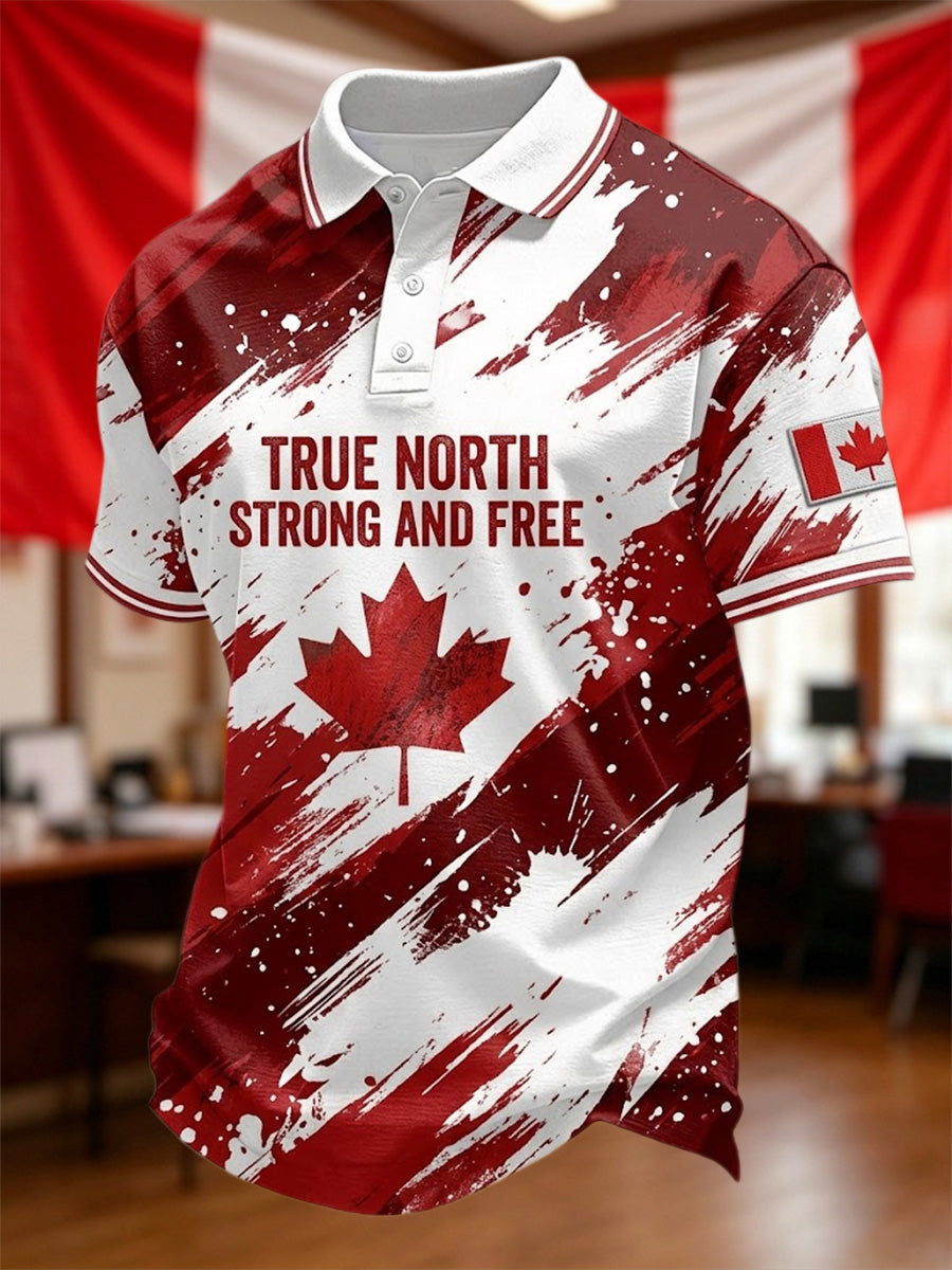 Men's Canadian Maple Leaf True North Strong And Free Print Casual Polo