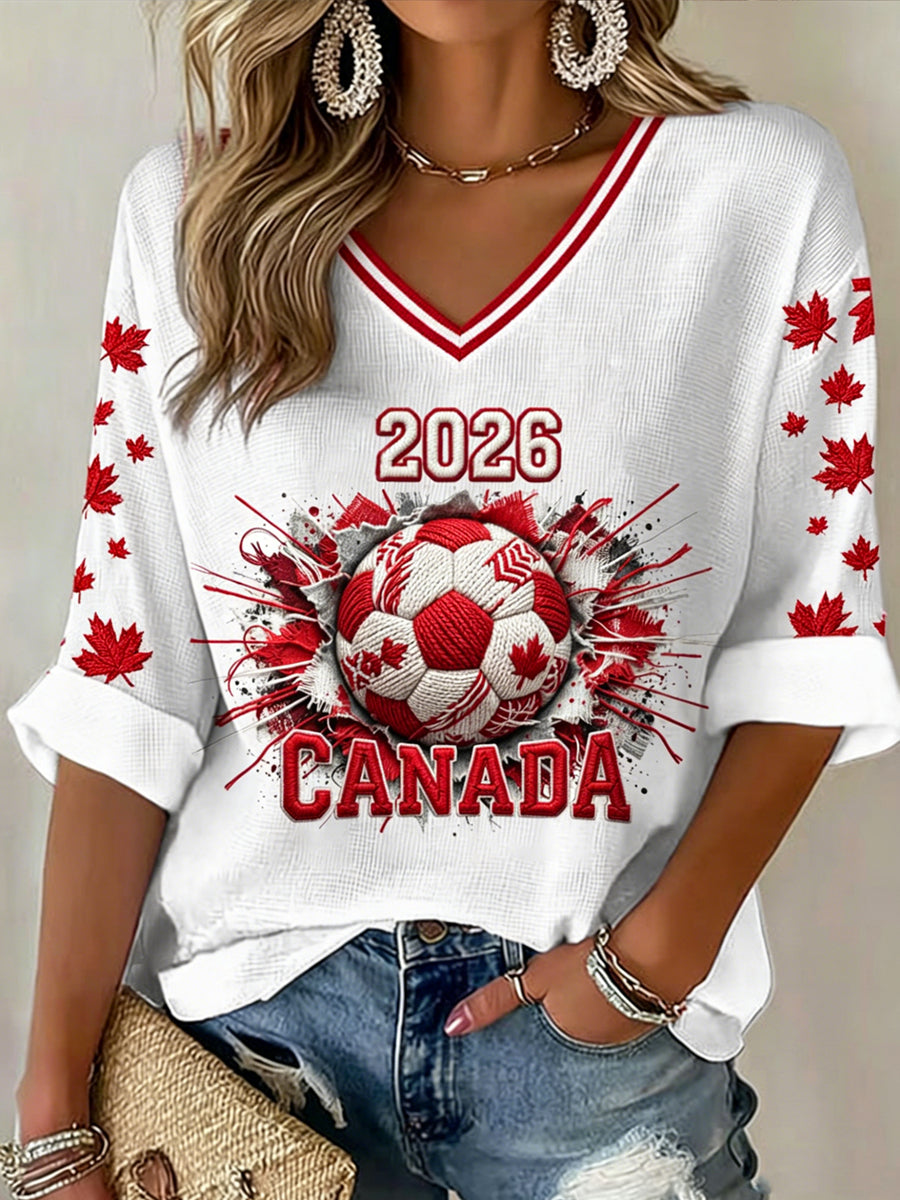 Women's V-neck Mid-Sleeve Canada Soccer Printed Casual T-shirt