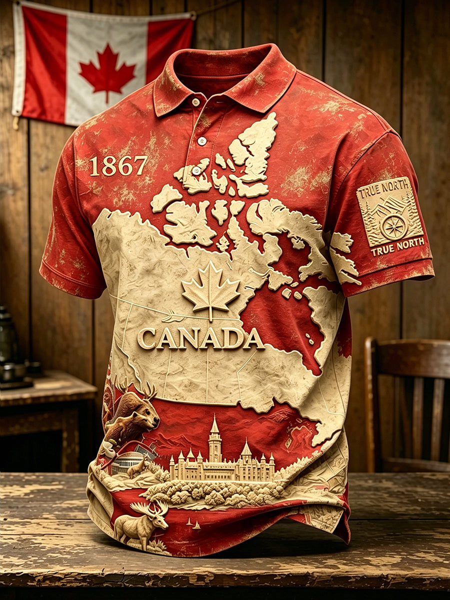 Men's Canada Day Commemoration Print Polo Collar Casual Short Sleeved Shirt
