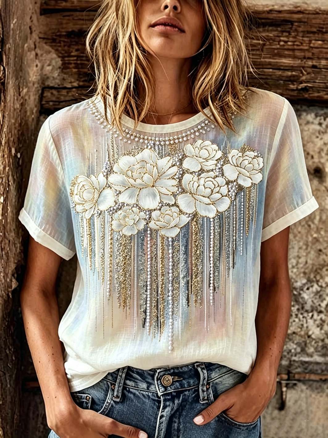 Women's flower pattern printed casual cotton and linen short-sleeved T-shirt