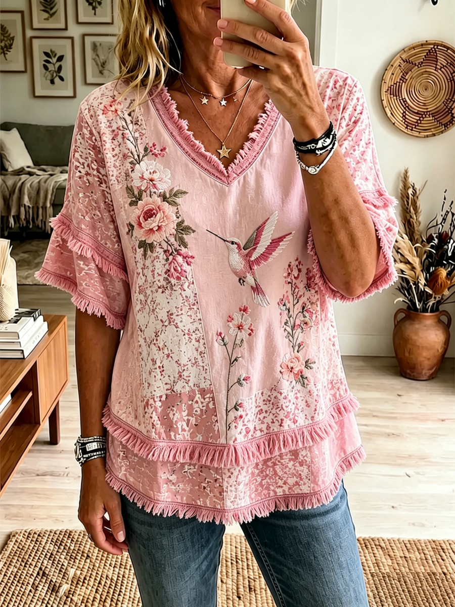 Women's Pink Botanical Floral Print Cotton-Linen Shirt