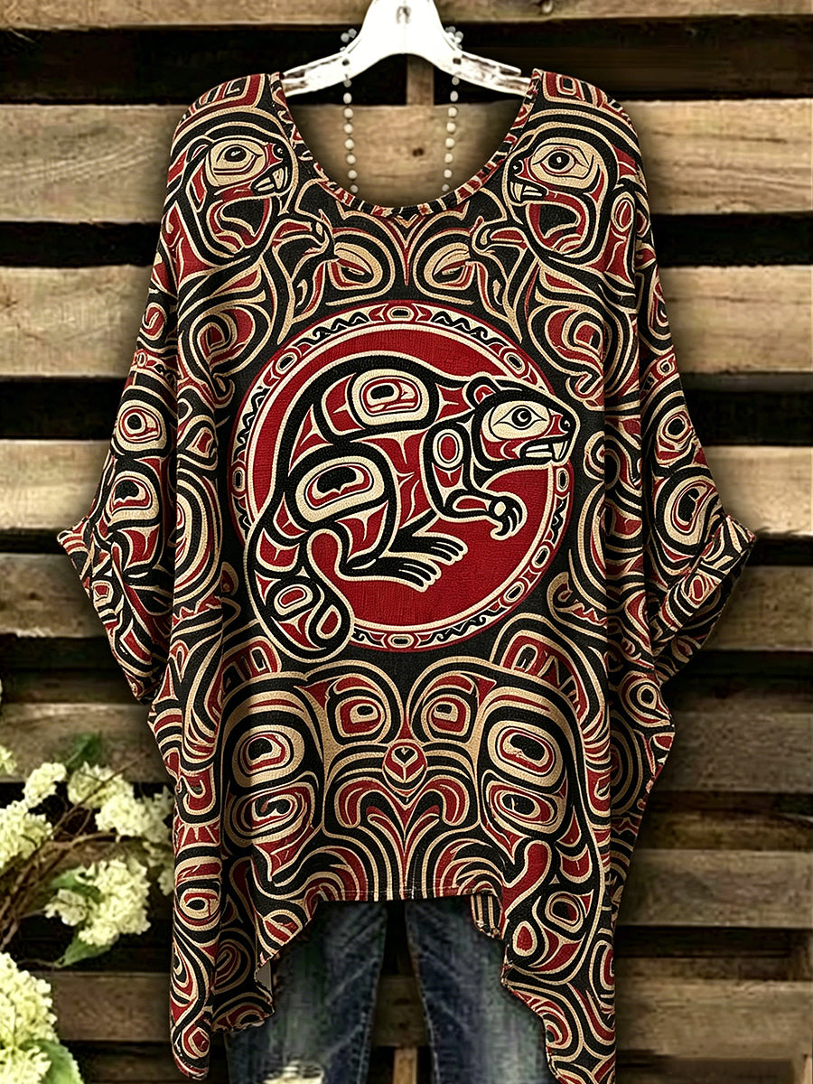 Women's Canadian Indigenous Beaver Printed Vintage Loose Short Sleeve T-Shirt